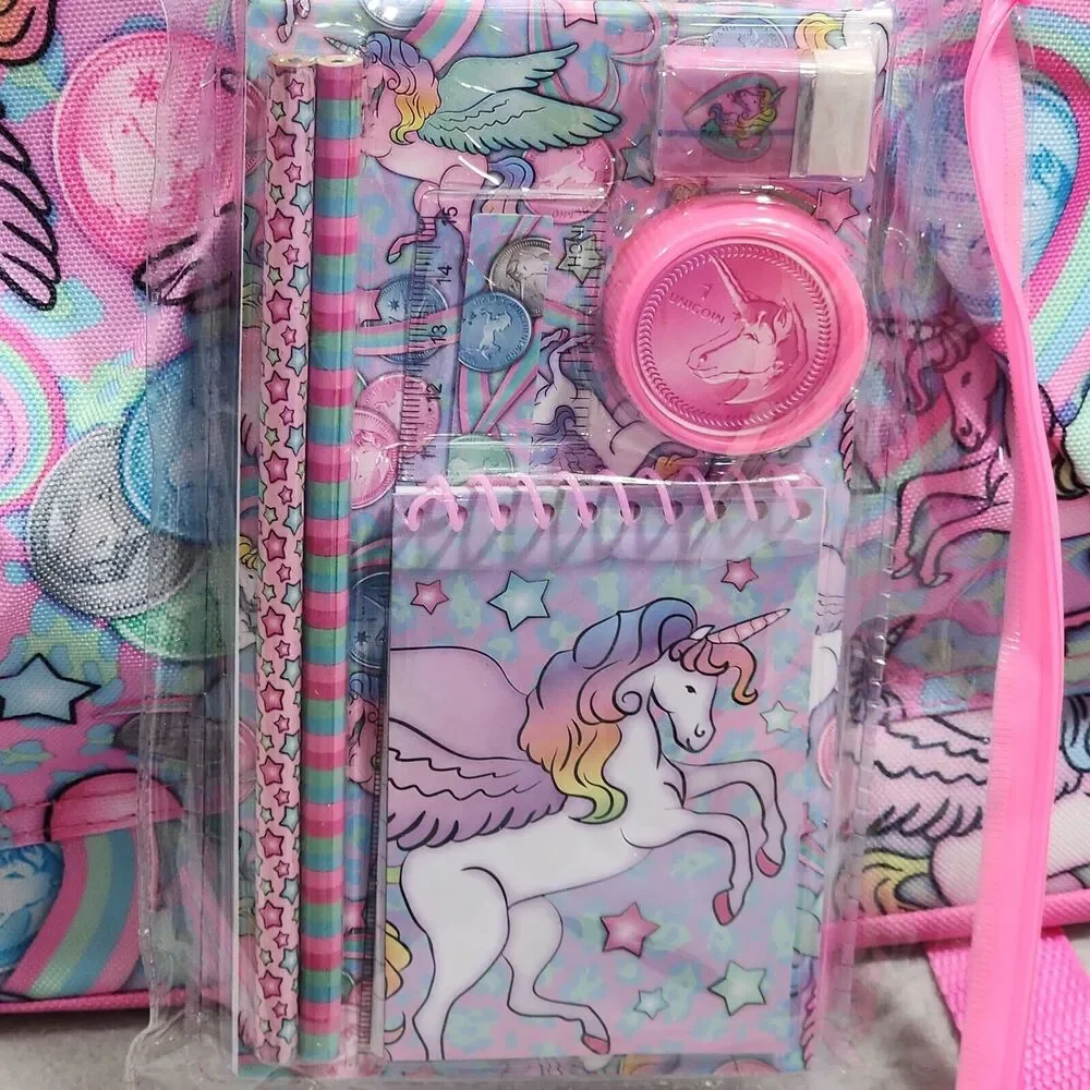 UNICORN 9 piece Set Backpack With Clear Pouch School Accessories Confetti NWT